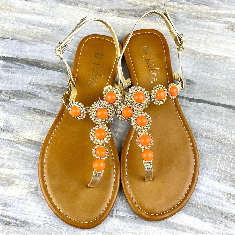Palms Fancy Medallion Thong Sandal Orange Gold Shiny Bling Jeweled Slingback 6M